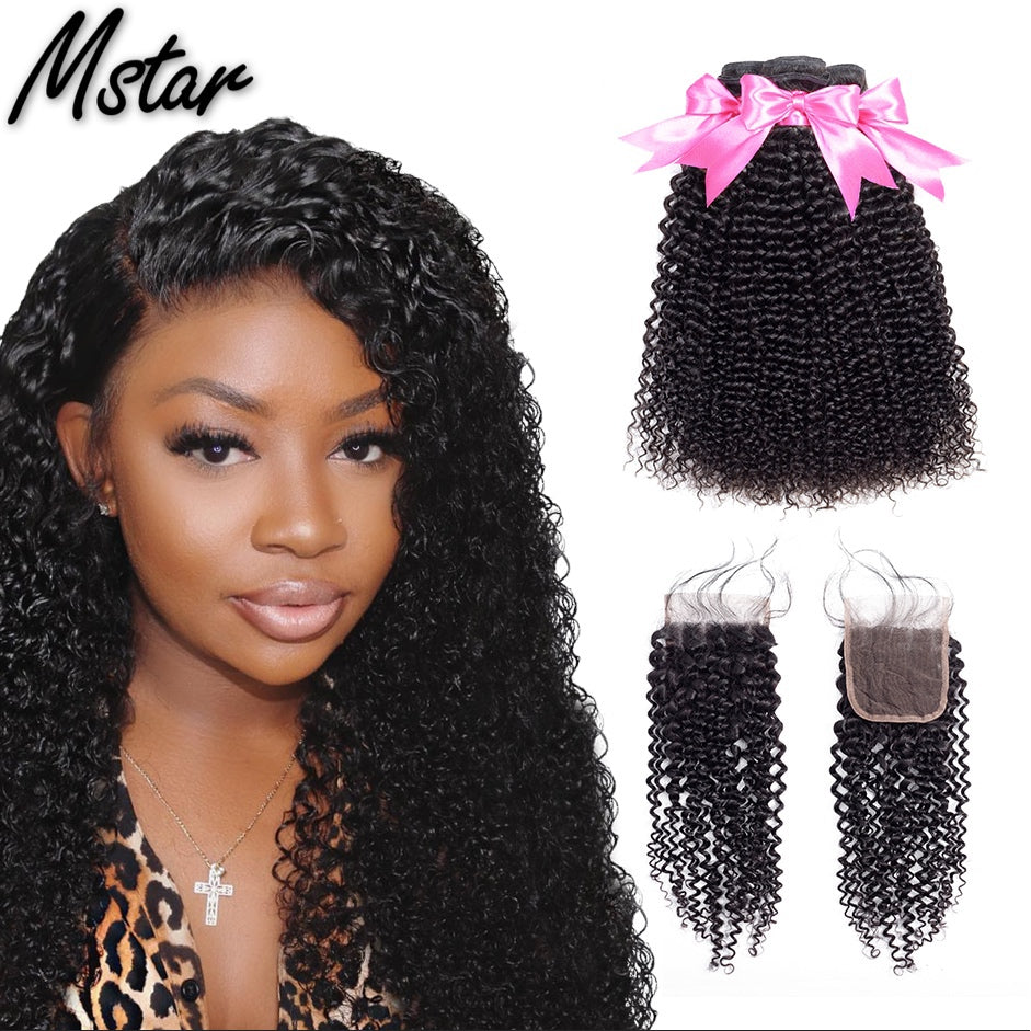 Mstar Kinky Curly Bundles With Closure Brazilian Hair Bundles With Closure Free Part Lace Closure With Bundles Remy Human Hair