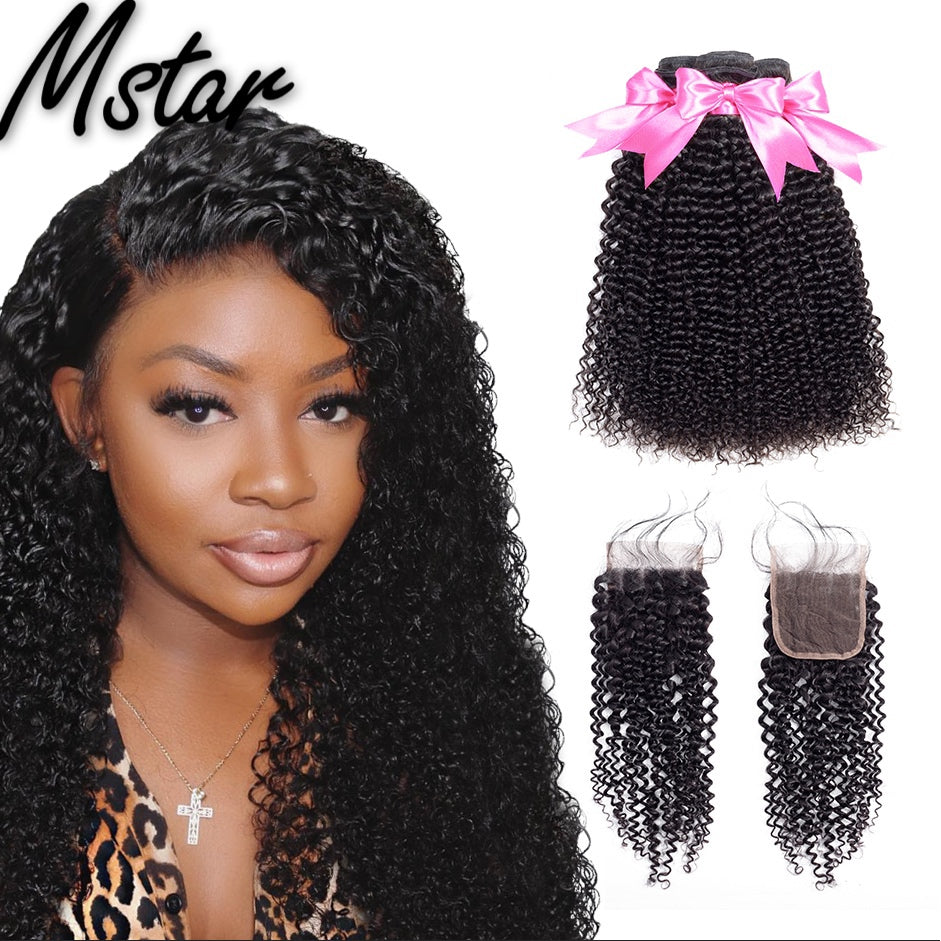 Mstar Kinky Curly Hair Bundles With Closure Remy Human Hair Bundles With Closure 13X4 Lace Frontal Brazilian Hair Weave Bundles