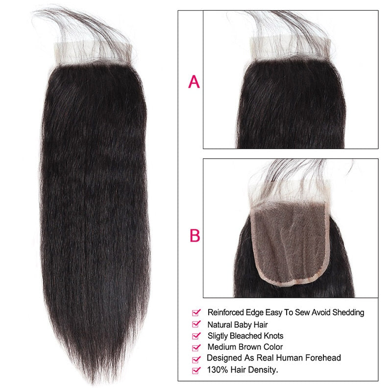 Mstar 4*4 Indian Hair Closure Non Remy Yaki Straight Hair Lace Closure With Baby Hair Pre Plucked Human Hair Lace Closure