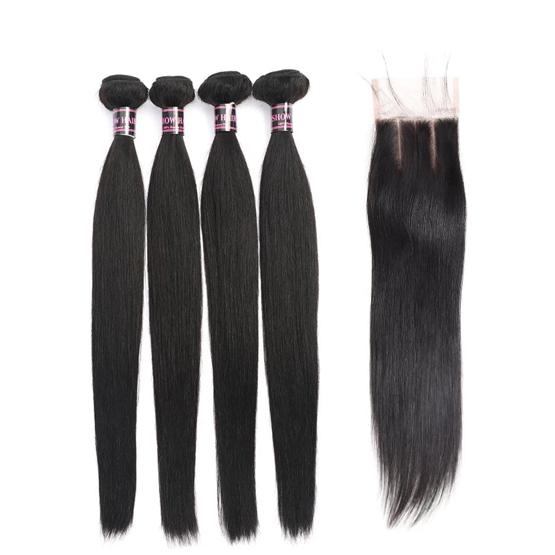 Mstar Brazilian Straight Hair Bundles With Closure Free Middle Three Part Human Hair 4 Bundles With Closure Non Remy Hair Weave