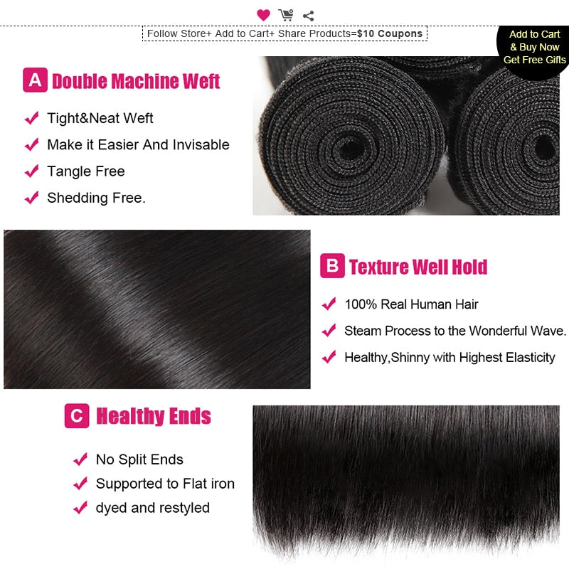 Mstar Brazilian Straight Hair Bundles With Closure Free Middle Three Part Human Hair 4 Bundles With Closure Non Remy Hair Weave