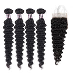 Mstar Brazilian Deep Wave 4 Bundles With ClosureFree Middle Three Part Non Remy Human Hair Weave With Closure With Baby Hair