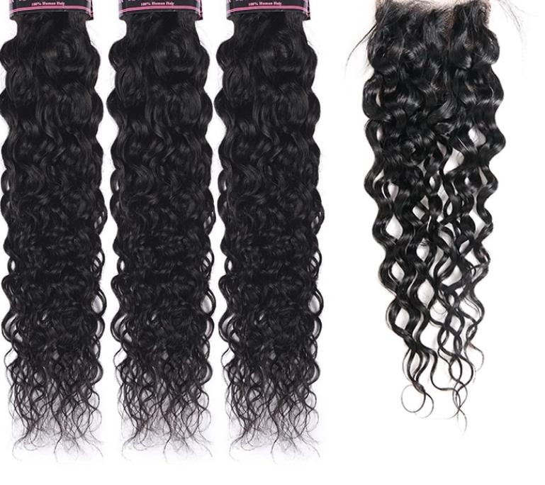 Mstar Hair Water Wave Bundles Indian Hair Weave 3 Bundles With Closure  More Wavy Non Remy Human Hair With  Lace Closure