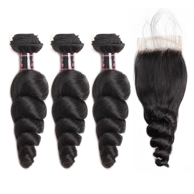 Mstar Peruvian Loose Wave Human Hair Bundles With Closure 4*4 inch Free Part Closure With Baby Hair Non Remy Hair Extensions