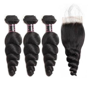 Mstar Peruvian Loose Wave Human Hair Bundles With Closure 4*4 inch Free Part Closure With Baby Hair Non Remy Hair Extensions