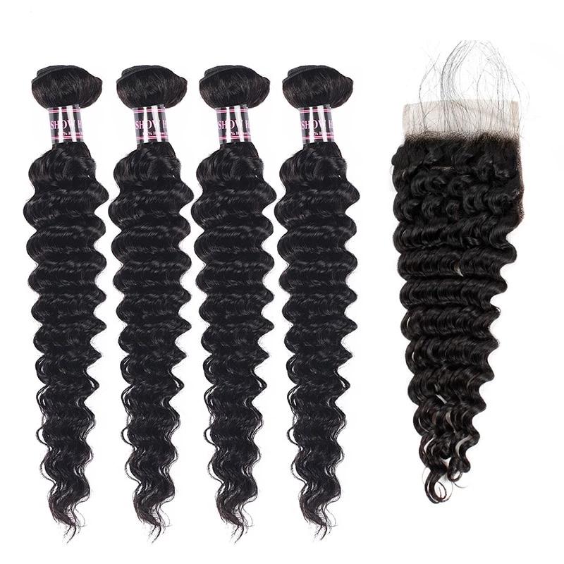 Mstar Deep Wave Hair Bundles With Closure Non Remy Hair Lace Closure With 4 Bundles Indian Human Hair Bundles With Closure