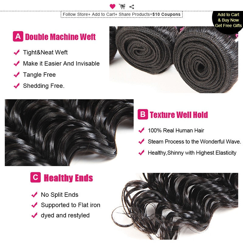 Mstar Hair Indian Deep Wave Hair 3 Bundles 100% Human Hair Weave Bundles Non Remy Human Hair Extensions Natural Color