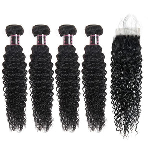 Mstar Hair Kinky Curly Weave Human Hair 4 Bundles with Lace Closure Non-remy Hair Peruvian Hair Weave Bundles with Closure