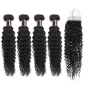 Mstar Brazilian Kinky Curly Bundles Human Hair With Closure 4*4 Free Part Non Remy Hair 4 Bundles With Closure Swiss Lace