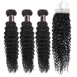 Mstar Kinky Curly Weave Human Hair Bundles with Lace Closure Non-Remy Hair Extensions Peruvian Hair 3 Bundles with Closure