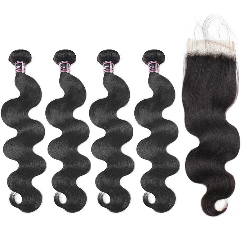 Mstar Peruvian Body Wave 4 Bundles With Lace Closure Free Middle Three Part Non Remy Human Hair Bundles With Closure Baby Hair