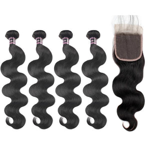 Mstar Hair 4 Bundles Malaysian Body Wave Human Hair With Closure Swiss Lace Free Shipping 100% Non Remy Human Hair Lace Closure