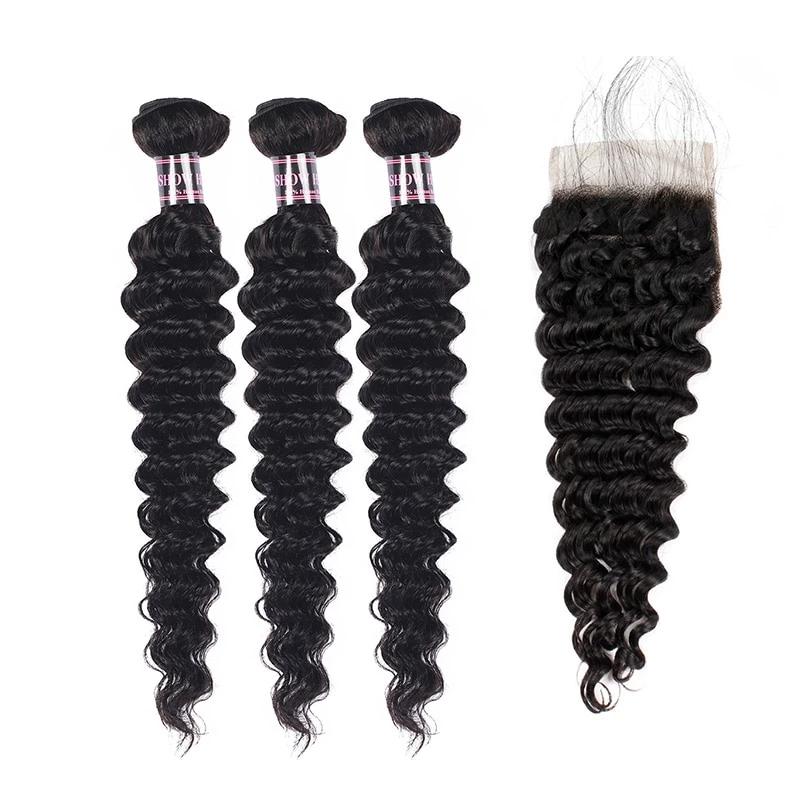 Mstar Peruvian Deep Wave 3 Bundles With Lace Closure Baby Hair 100% Human Hair Bundles With Closure 4Pcs Non Remy Hair Weave