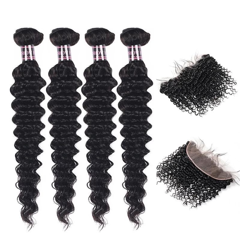 Mstar Pre-Colored Peruvian Deep Wave Human Hair Bundles With Lace Frontal Closure Non Remy 4 Bundles Hair Weave With Closure