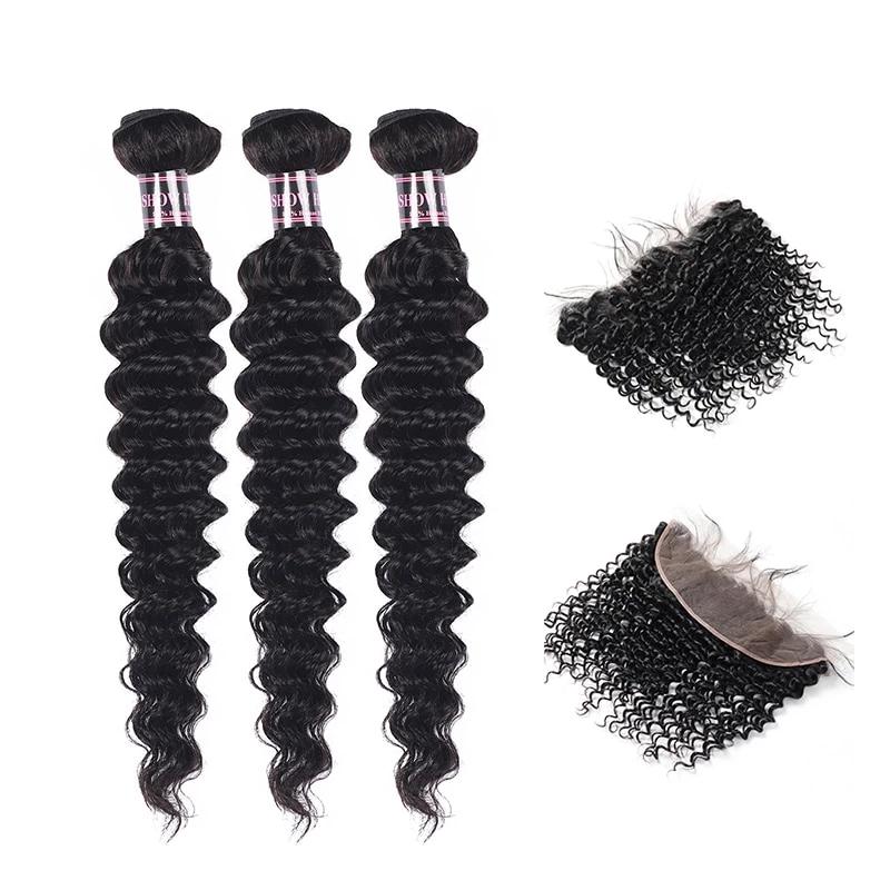 Mstar Indian Human Hair Bundles With Frontal Non Remy Deep Curly 3 Bundles With Frontal With Baby Hair Natural Color Closure