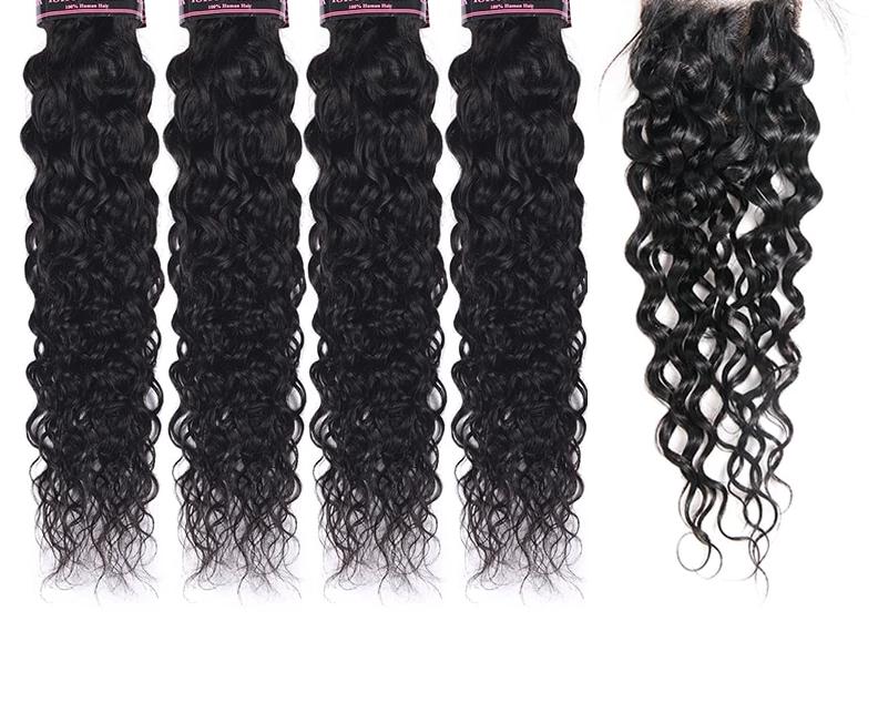 Mstar Hair Water Wave Bundles Indian Hair Weave 4 Bundles With Closure More Wavy Non Remy Human Hair With  Lace Closure