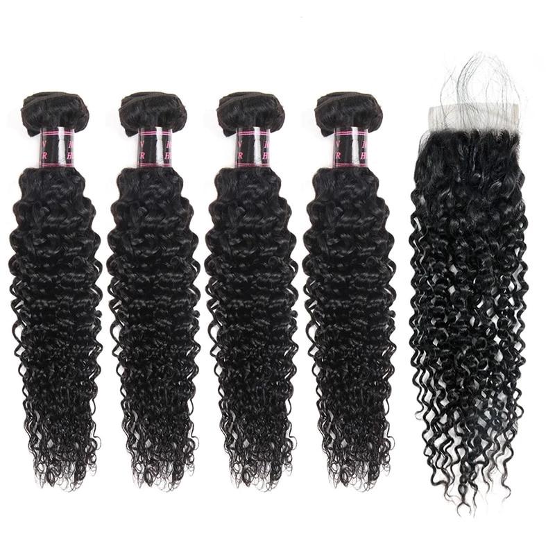 Mstar Hair Indian Curly Lace Closure 100% Human Hair 4 Bundles With Closure 4*4 Free Part Natural Color Non Remy Hair Weaves