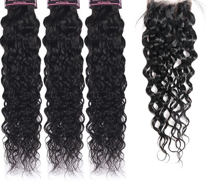 Mstar Peruvian Human Hair 3 Bundles Water Wave With Closure Free Middle Part Non Remy Hair Extension Natural Color Hair Bundles