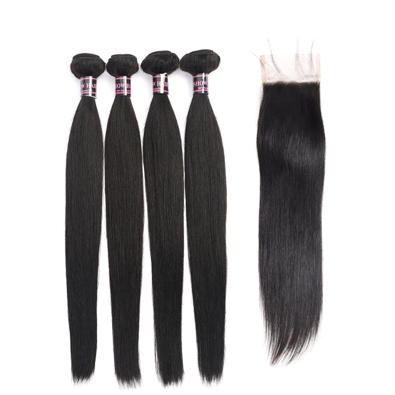 Mstar Indian Straight Human Hair 4 Bundles with Closure with Baby Hair Free Middle Three Part Lace Closure With Bundles Non Remy