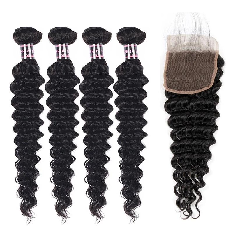 Mstar Malaysian Deep Wave Human Hair Bundles with Closure Baby Hair Free Part Non Remy Hair Extensions 4 Bundles With Closure