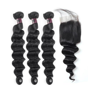 Mstar Loose Deep Wave Bundles with Closure Brazilian Hair Weave Bundles with Closure Non Remy Human Hair Bundles with Closure