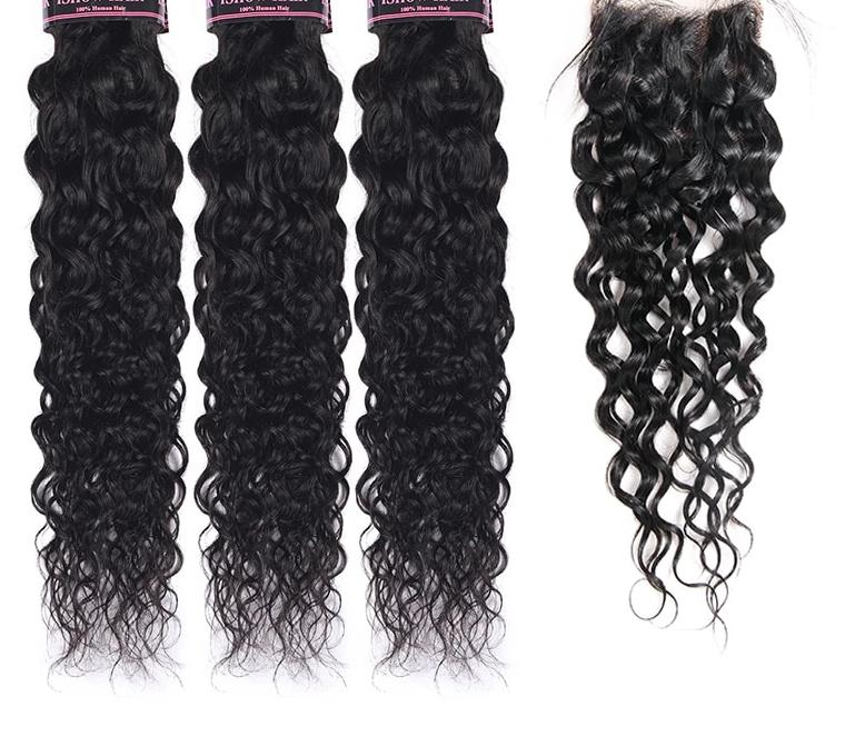 Mstar Brazilian Water Wave Bundles With Closure 100% Human Hair Weave Bundles With Closure Free Middle Three Part Non Remy Hair