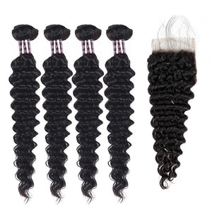 Mstar Peruvian Deep Wave 4 Bundles With Lace Closure Baby Hair 100% Human Hair Bundles With Closure Non Remy Hair Weave