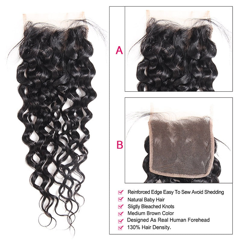 Mstar Indian Water Wave Lace Closure With Baby Hair 100% Human Hair 4x4  Swiss Lace Closure 130% Density Medium Brown