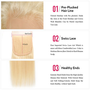 Mstar Brazilian Straight Closure Color 613 Blonde Hair Extensions Free Part Remy Human Hair Closure 4X4 Swiss Lace Closure